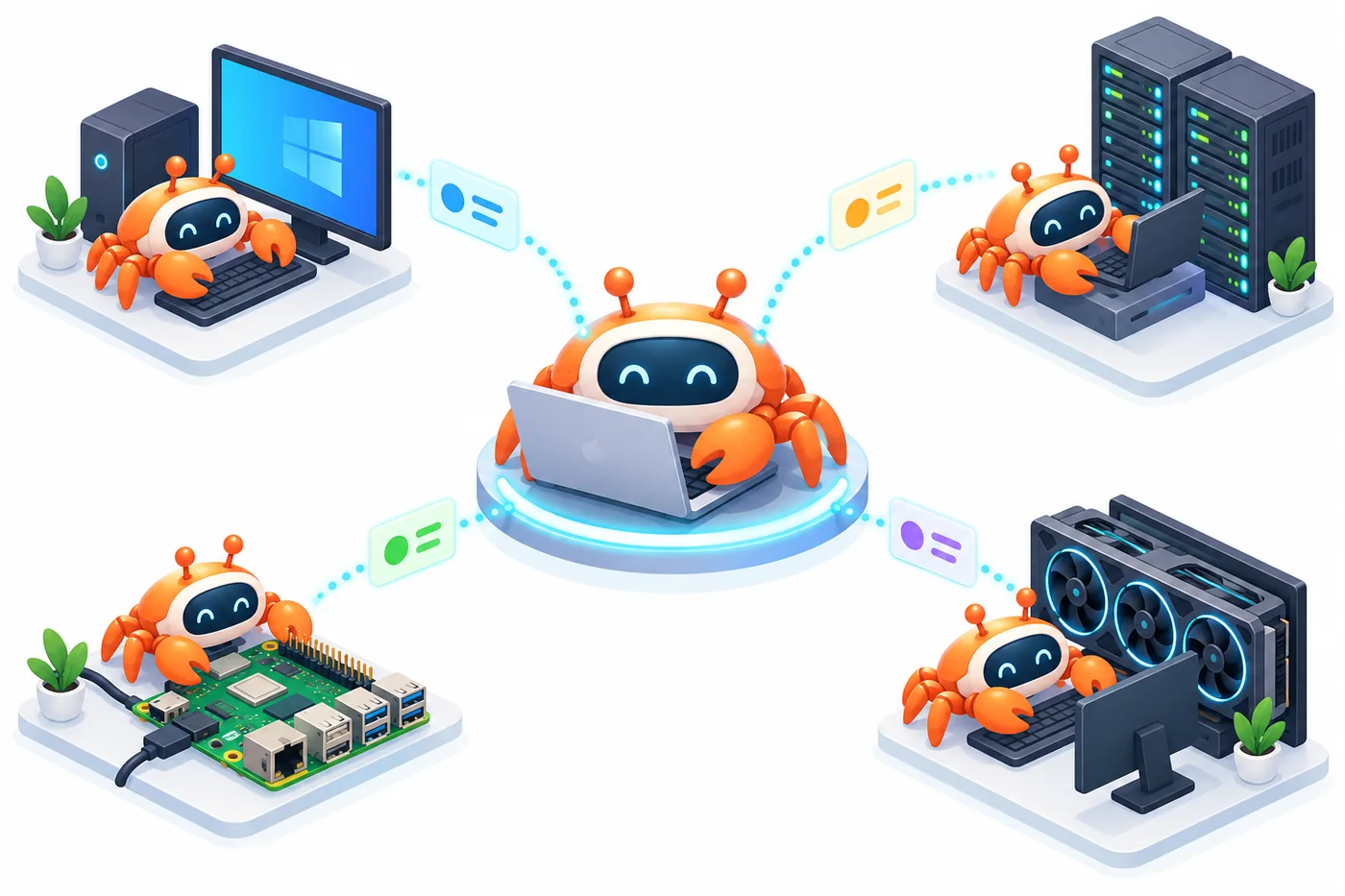 가운데 Mac의 리더 로봇이 Windows PC, Linux 서버, 라즈베리파이, GPU 워크스테이션의 로봇들에게 일을 나눠주는 그림