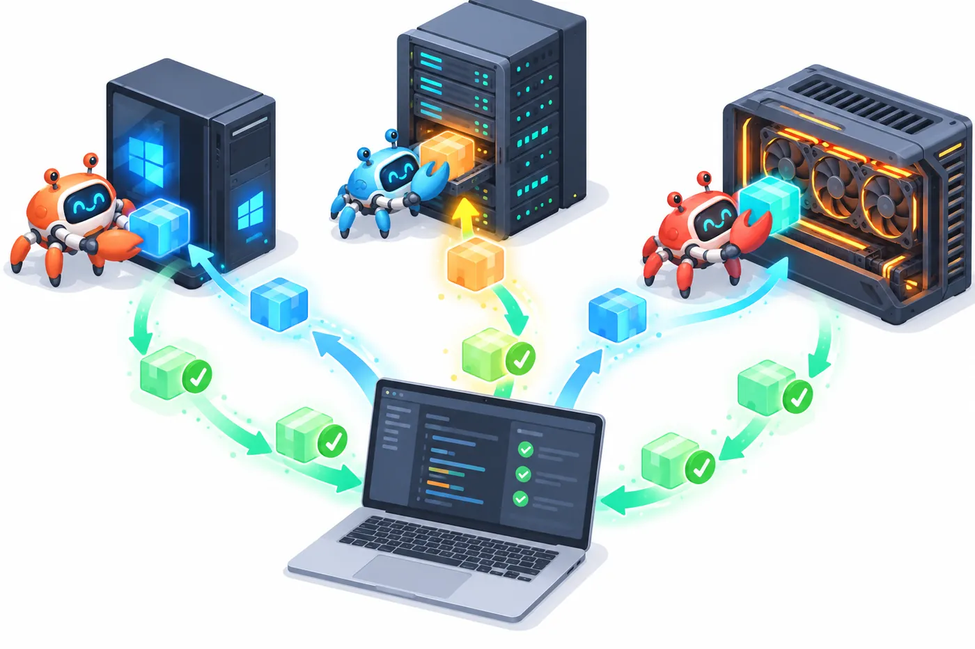 MacBook에서 Windows, Linux 서버, GPU 워크스테이션으로 빌드 카드가 날아가는 그림